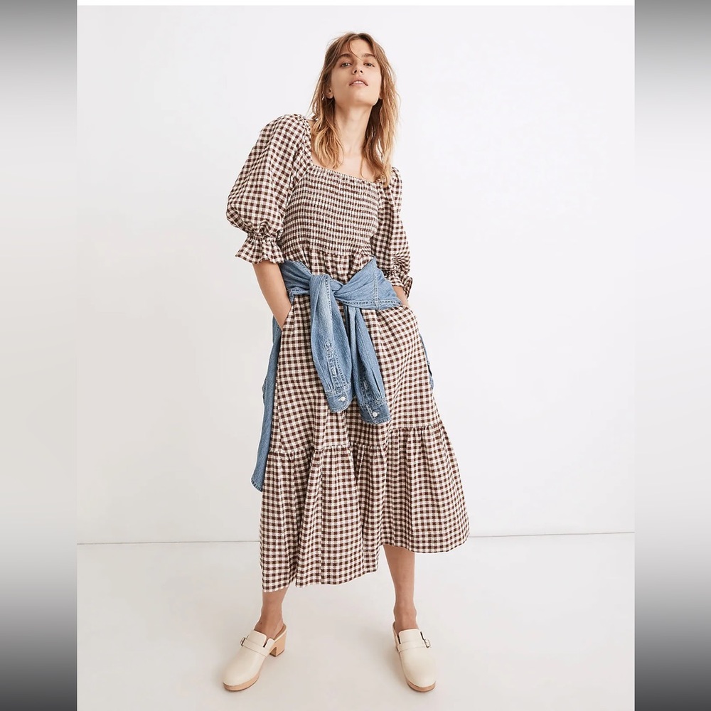 Madewell Luce Elbow-Sleeve Smocked Midi Dress in
Gingham S
